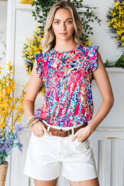 Painterly ruffle sleeve blouse in multi-color abstract print with a round neckline and button front.