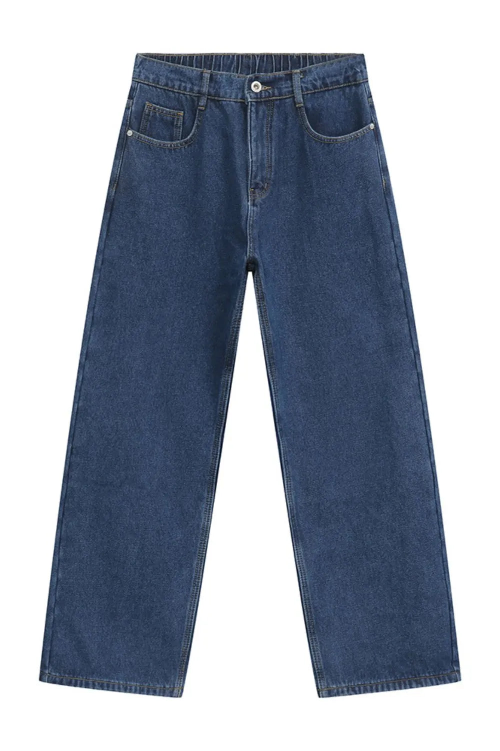 Light blue denim jeans with a relaxed, wide-leg fit and elastic waistband.