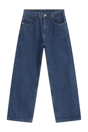 Light blue denim jeans with a relaxed, wide-leg fit and elastic waistband.