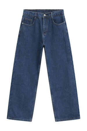 Light blue denim jeans with a relaxed, wide-leg fit and elastic waistband.