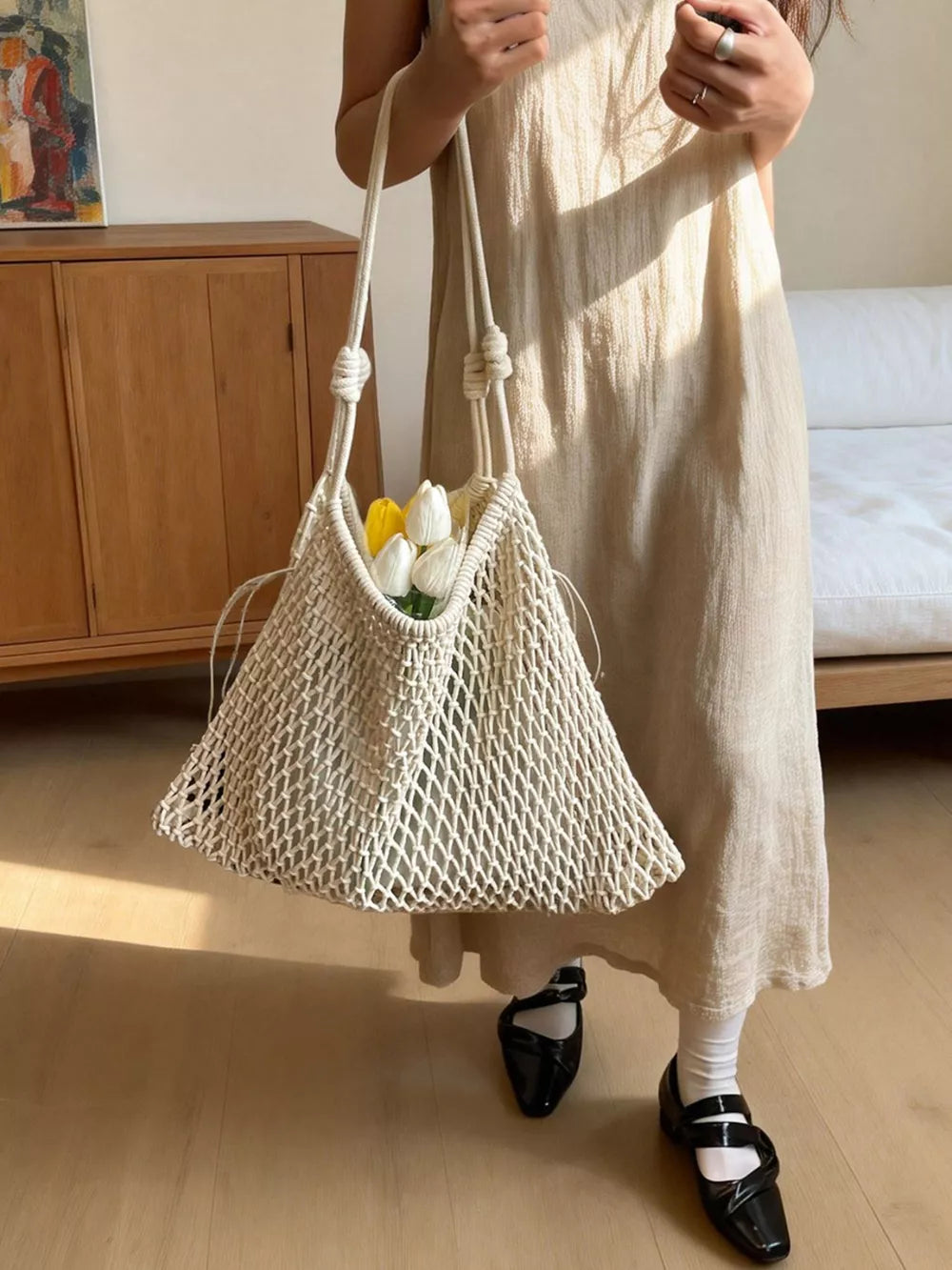 Woven Net Shoulder Bag in White, front view