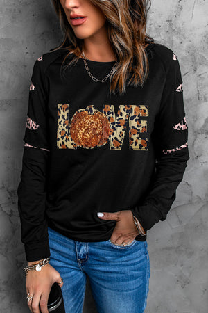 Black long sleeve sweatshirt with leopard print LOVE graphic and cutout sleeves