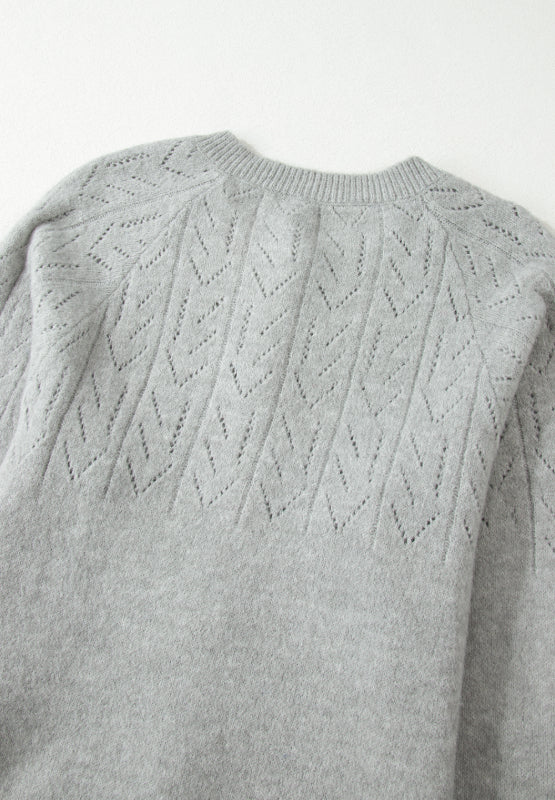 Gray lace-effect knit cardigan with chevron pattern and crew neck