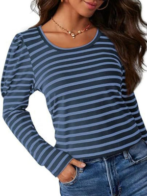 Breton stripe tee with puff sleeves in navy and blue, round neck, long sleeves.