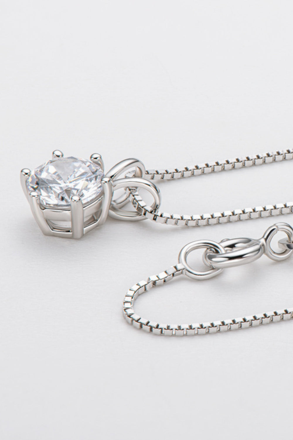 Silver moissanite pendant with box chain necklace, 925 sterling silver.