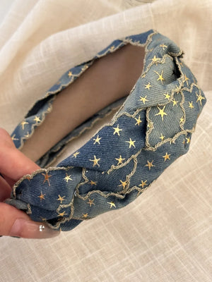 Braided denim headband with gold stars and scalloped edge detail