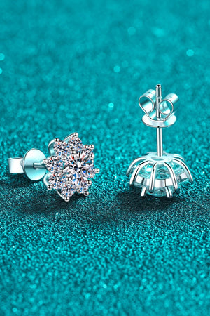 Silver blossom stud earrings with moissanite stones, 925 sterling silver.