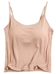 Beige cami with adjustable straps and a scoop neckline, part of a pajama set.