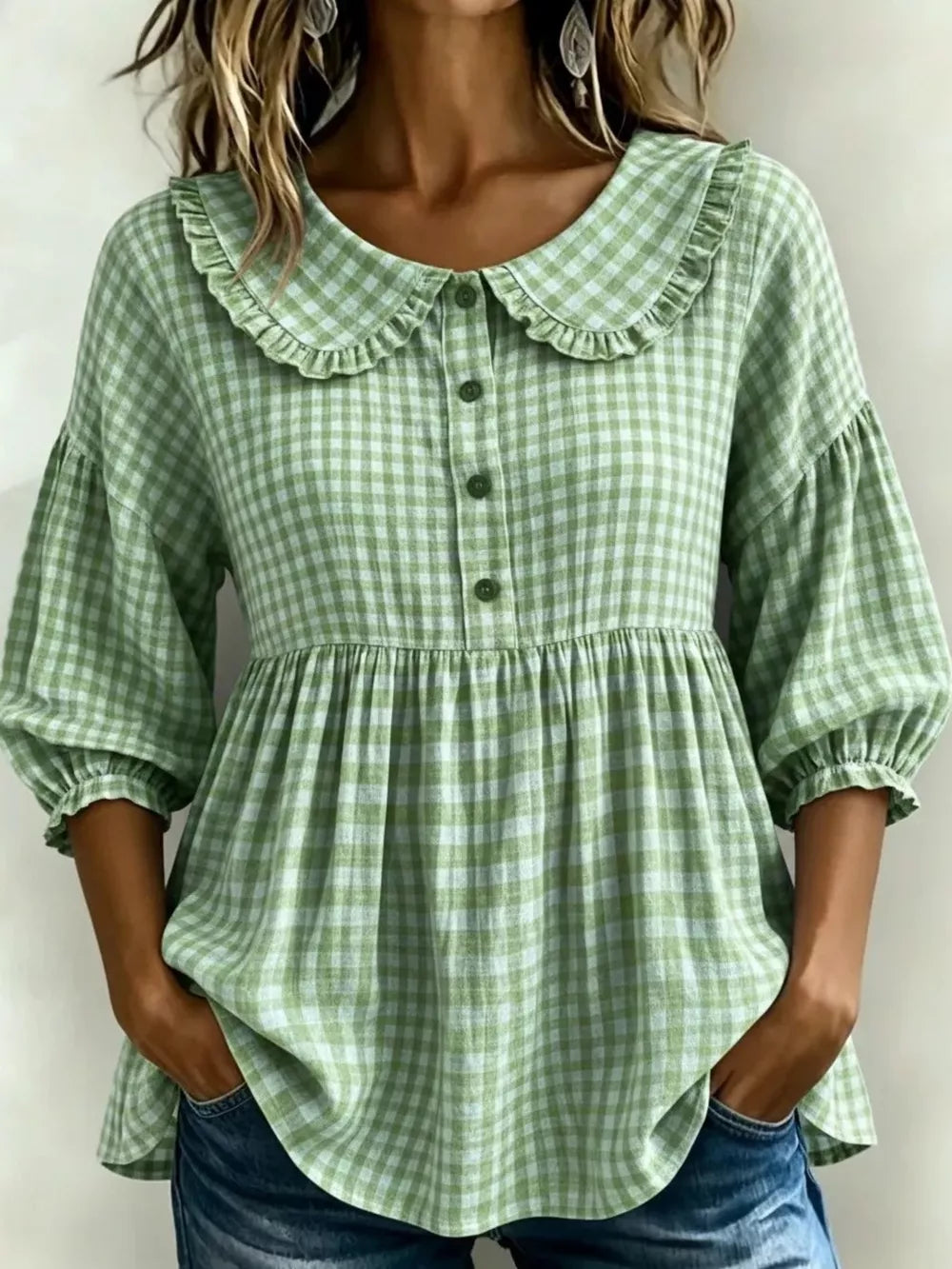 Full Size Gingham Peter Pan Collar Blouse Plus Size, fabric detail
