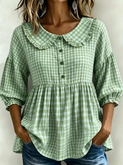 Full Size Gingham Peter Pan Collar Blouse Plus Size, fabric detail