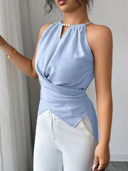 Light blue gathered neck crisscross wrap cami with beaded detail and split hem