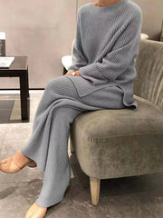 Blue ribbed knit sweater and wide leg pants set with crew neck and long sleeves.
