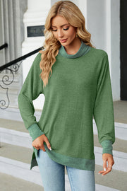 Colorblock raglan turtleneck tunic in green with contrasting trim and cuffs.
