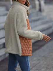 Teddy & quilted panel zip jacket in cream and caramel with a stand-up collar.