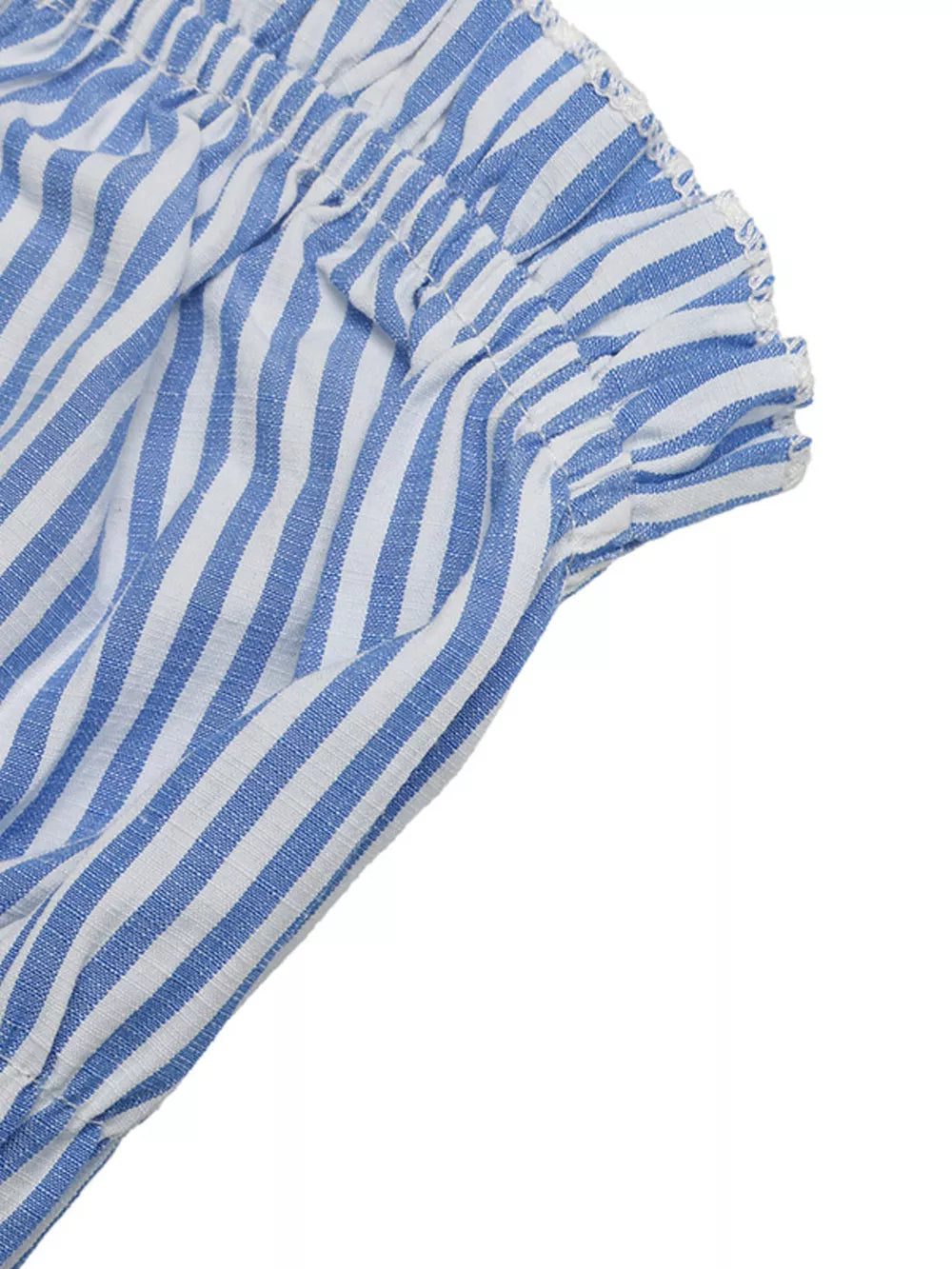 Blue and white striped maternity romper with smocked waist detail.