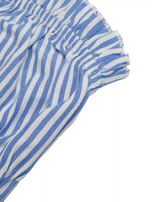 Blue and white striped maternity romper with smocked waist detail.