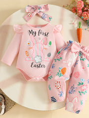 Pink baby Easter outfit with bunny print bodysuit, floral pants, and headband.