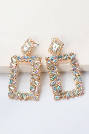 Geometric jewel box earrings with multicolor stones and gold alloy setting.