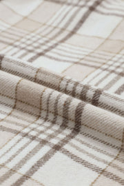 Oversized plaid shacket with attached hoodie in cream and brown plaid.