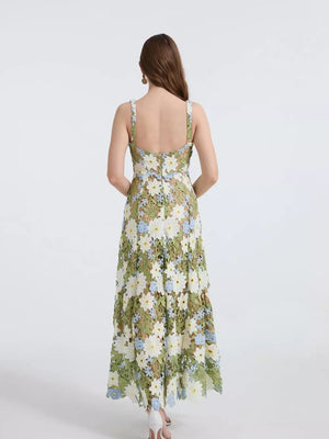 Green embroidered floral maxi dress with appliqué and lace detail.