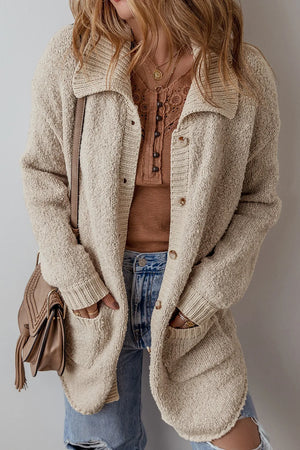 Textured knit collar cardigan in Dust Storm with button front and pockets.