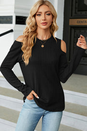 Black textured cable knit cold shoulder long sleeve top