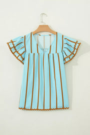 Light blue cotton blend blouse with brown vertical stripes, V-neck, and ruffled flutter sleeves with scalloped trim.