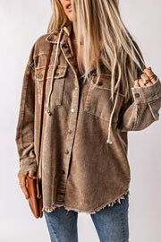 Tan corduroy hooded utility jacket with frayed hem and chest pockets.