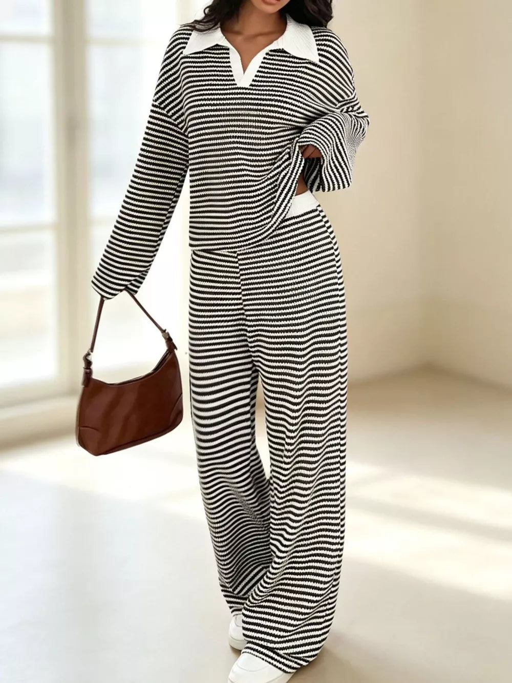 Striped Long Sleeve Polo And Wide-leg Pants Set in Green, fit detail