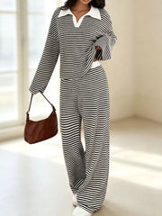 Striped Long Sleeve Polo And Wide-leg Pants Set in Green, fit detail