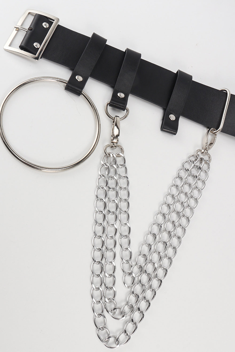 Black leather belt with silver ring and chain details