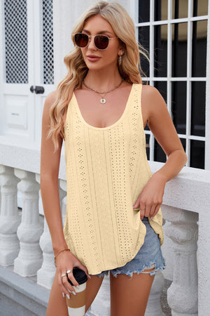Light Yellow eyelet scoop neck tank top with breathable knit fabric.