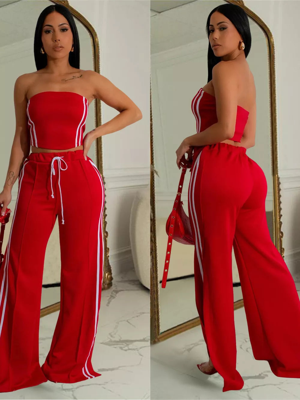 Red tube top and wide-leg pants set with white side stripes and drawstring waist.