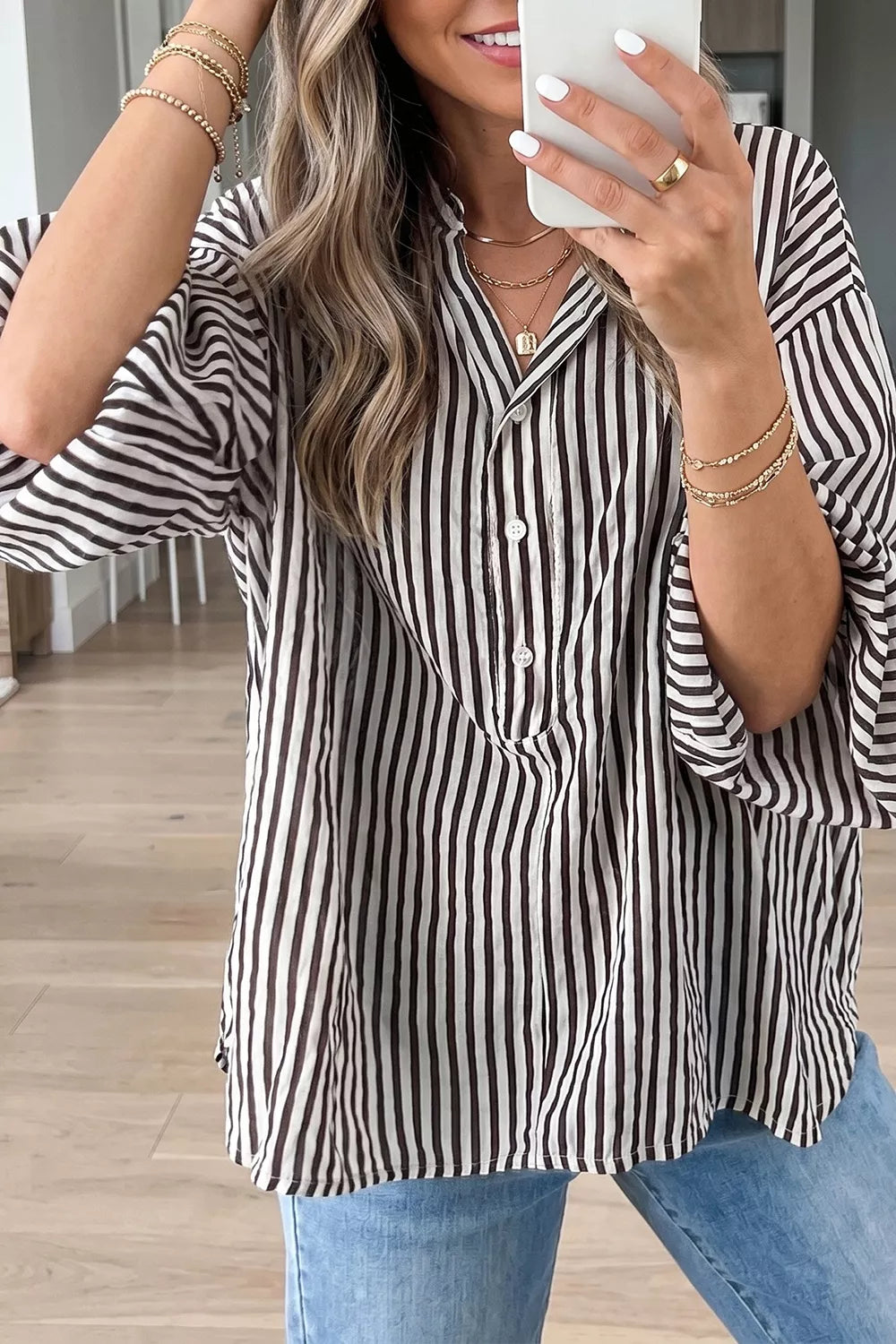 Striped Half Sleeve Button-up Shirt in Black, close-up detail