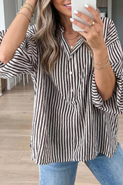 Striped Half Sleeve Button-up Shirt in Black, close-up detail