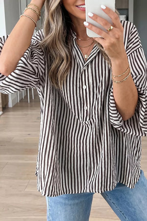 Striped Half Sleeve Button-up Shirt in Black, close-up detail
