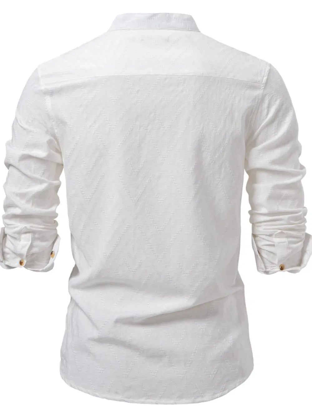 White geo-embossed henley shirt with mandarin collar and buttoned cuffs.