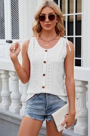 White eyelet button-down tank top with tie shoulders and scoop neck