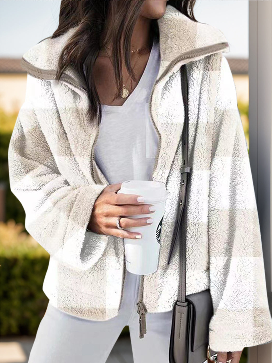 Fluffy plaid zip-up shacket in white with a cozy fleece texture and a stand-up collar.
