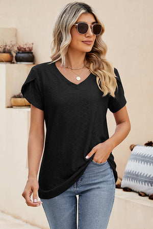 Black eyelet sleeve detail V-neck top with a textured pattern