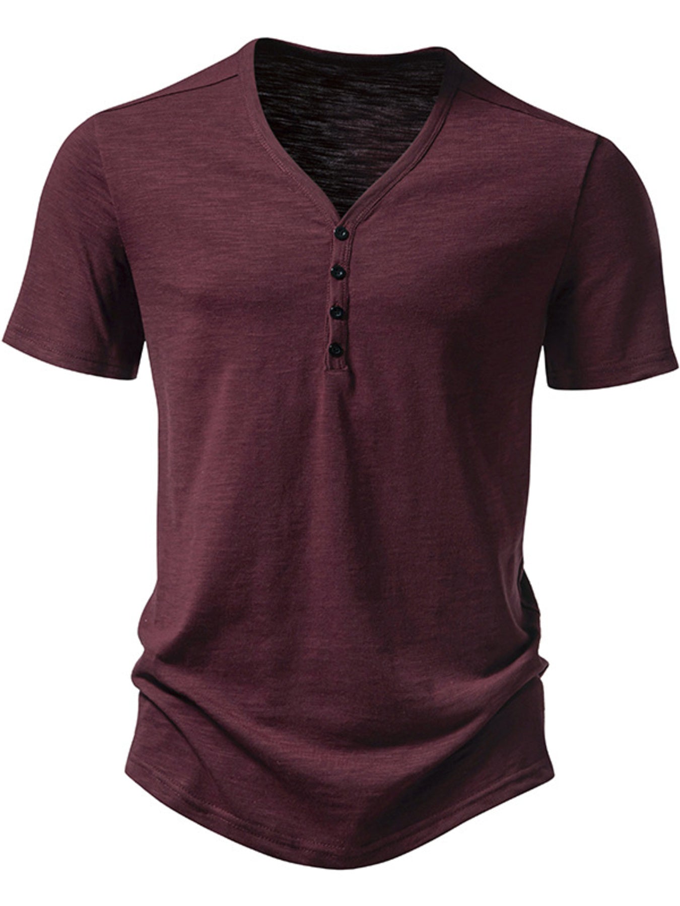 Men's burgundy cotton blend casual t-shirt with button placket and curved hem