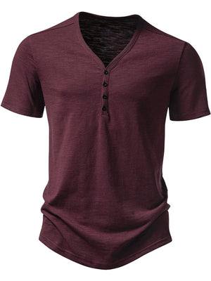 Men's burgundy cotton blend casual t-shirt with button placket and curved hem