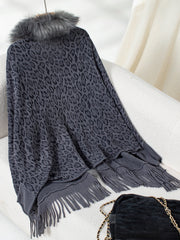 Leopard print cardigan with faux fur collar and fringe hem in dark grey.