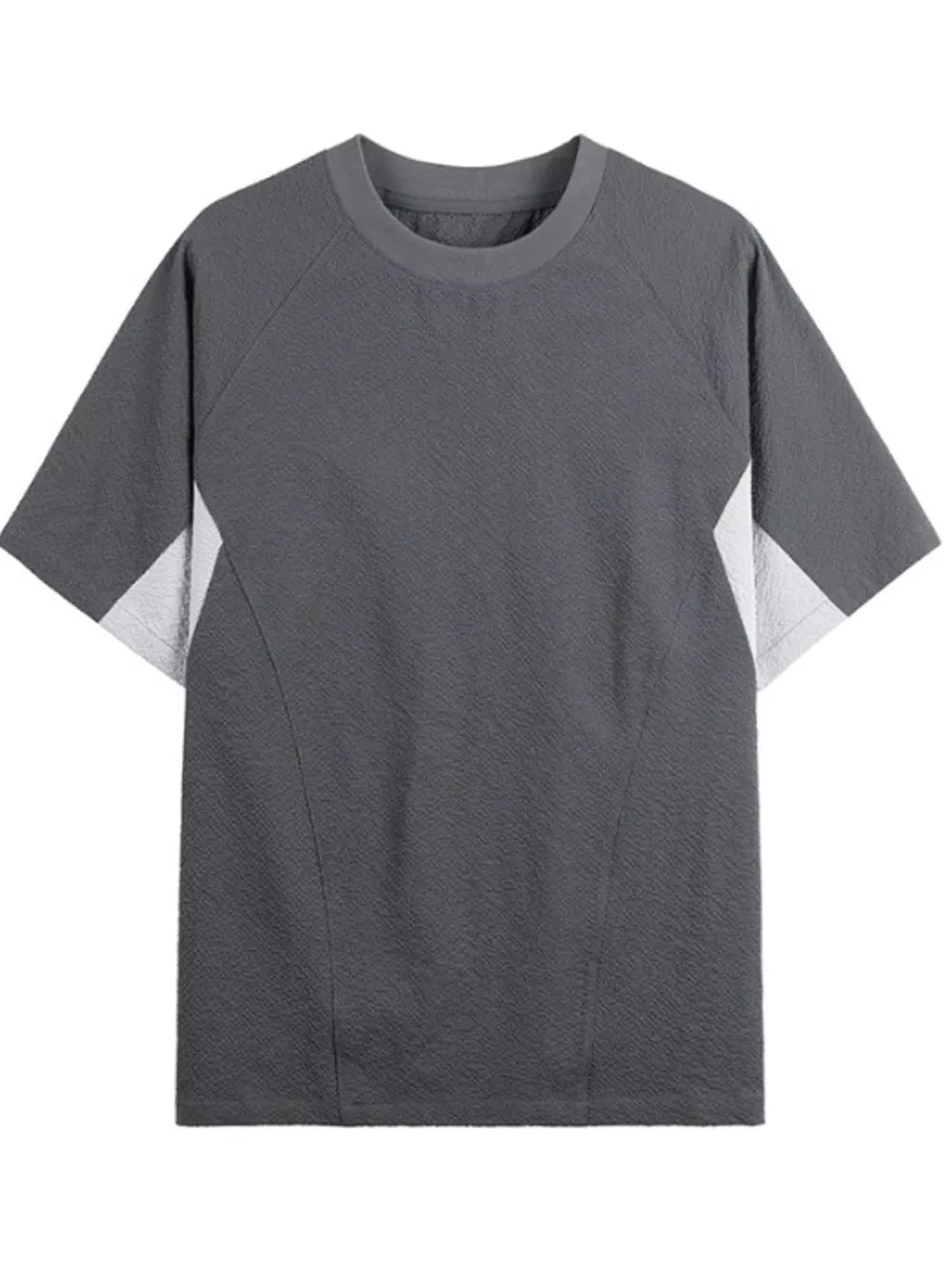 Men's dark gray textured t-shirt with contrast white panels and crew neck.