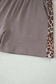 Ribbed knit two-piece set in brown with vertical stripes and leopard trim detail.