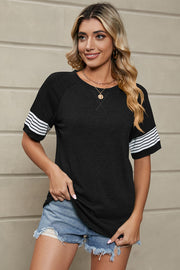 Black raglan sleeve tee with white stripe cuffs and crew neck