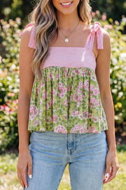Charming floral camisole with pink striped bodice and tie straps.
