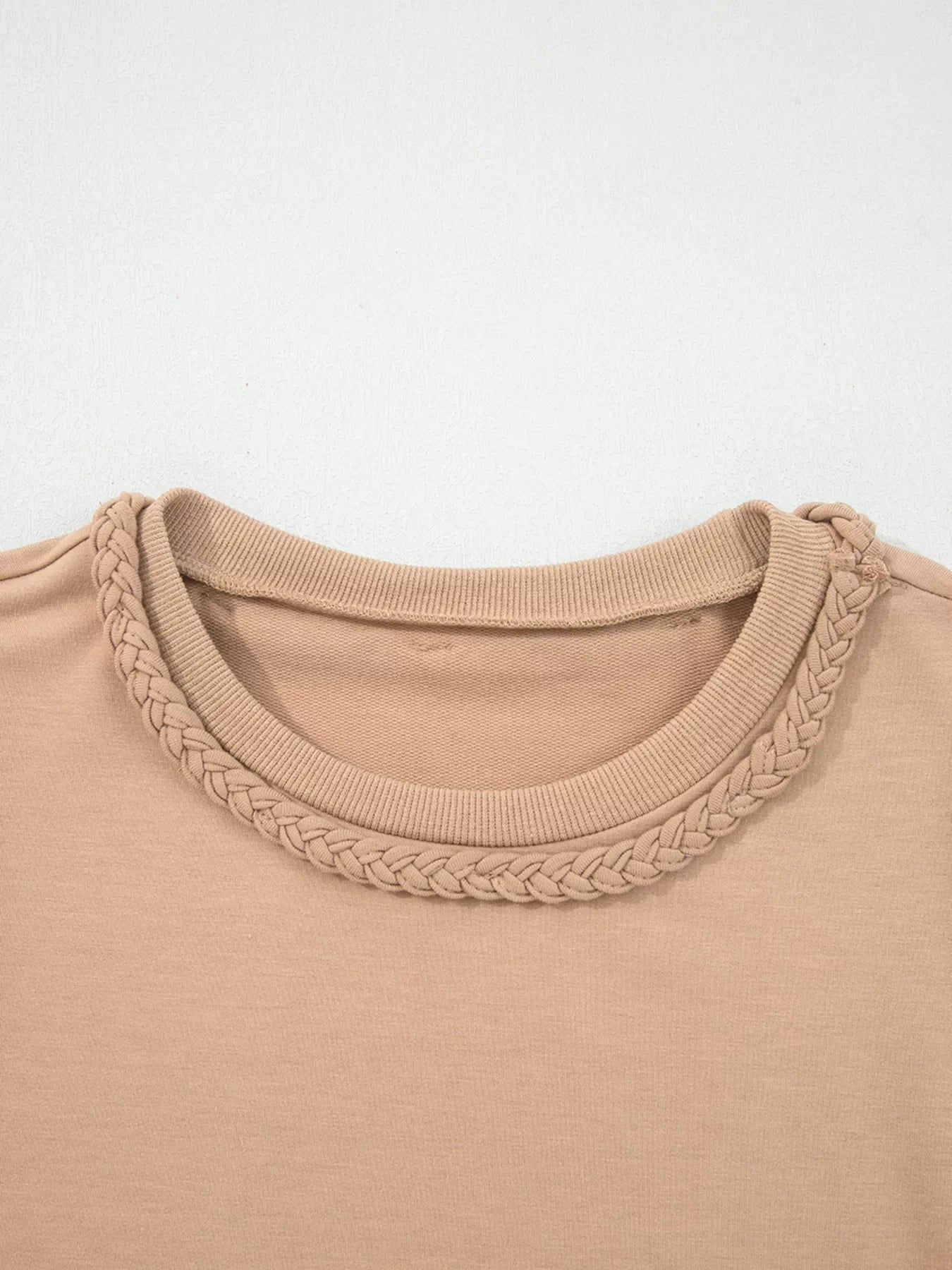 Khaki braided puff sleeve dress with braided neckline detail