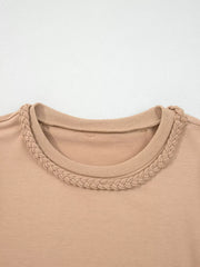Khaki braided puff sleeve dress with braided neckline detail