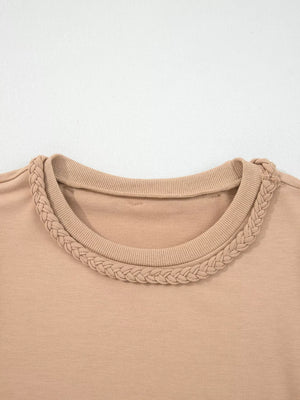 Khaki braided puff sleeve dress with braided neckline detail
